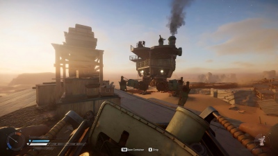 Official Steam screenshot of a Trampler near a desert loot platform in SAND: Raiders of Sophie
